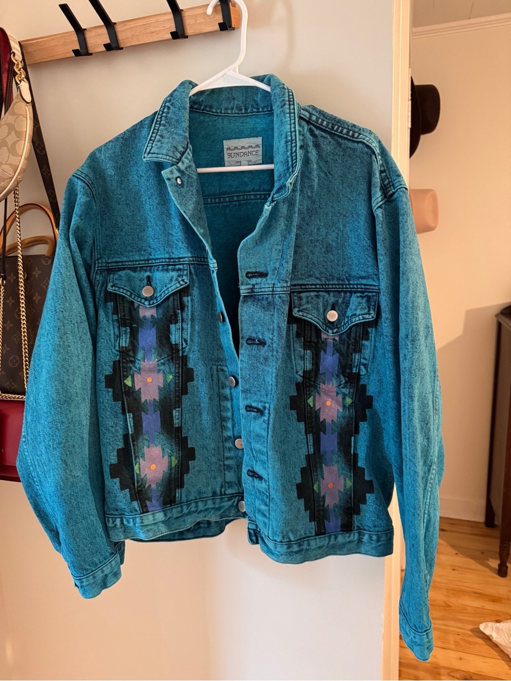 Sundance Teal Aztec-Embroidered Denim Jacket
